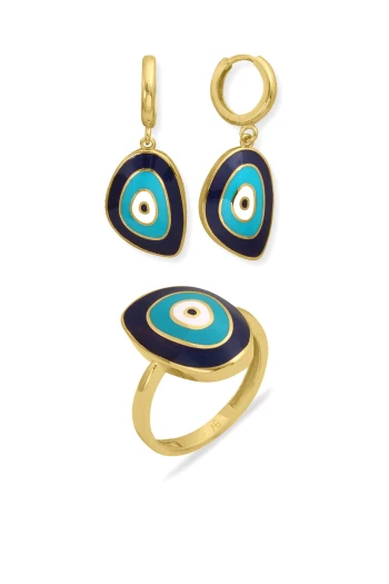 Altın Lacivert Mavi Mineli Nazar Yüzük Küpe Takım (TKM0361)