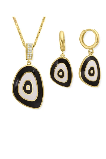 Altın Lacivert Mineli Nazar Kolye Küpe Takım (TKM0364)