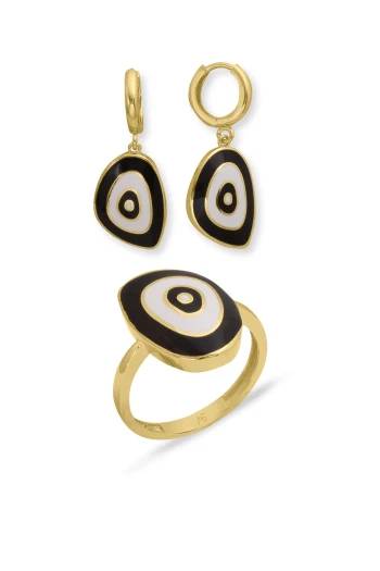 Altın Lacivert Mineli Nazar Yüzük Küpe Takım (TKM0365)