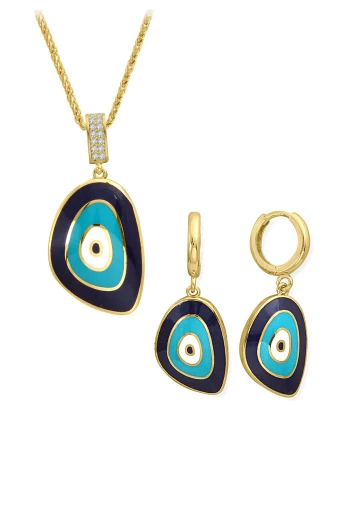 Altın Lacivert Mavi Mineli Nazar Kolye Küpe Takım (TKM0360)