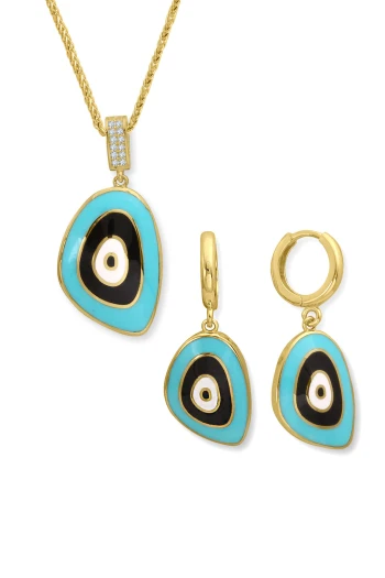 Altın Turkuaz Mineli Nazar Kolye Küpe Takım (TKM0357)