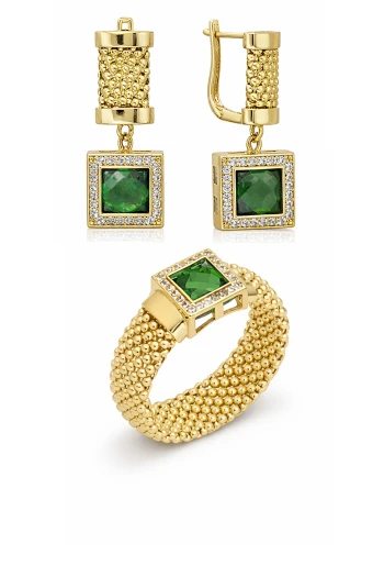 Altın Yeşil Taşlı Cesika Yüzük Küpe Takım (TKM0371)