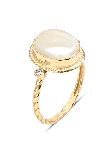 Burgulu Kol Doğal Ay Taşı Nostalji Altın Yüzük (YZK1434)