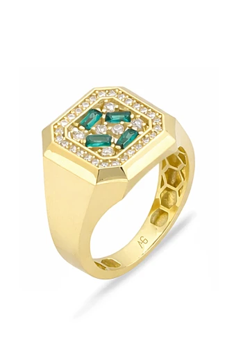 Yeşil Taşlı Kare Form Günlük Altın Yüzük (YZK1510)