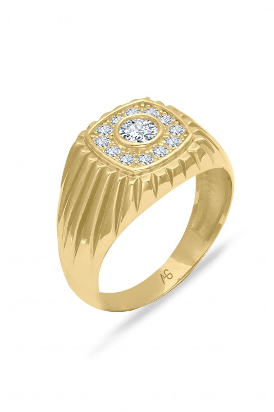 Kare Tasarım Altın Taşlı Erkek Yüzüğü