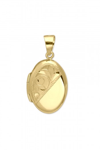 Motif İşlemeli Altın Oval Madalyon Kolye Ucu