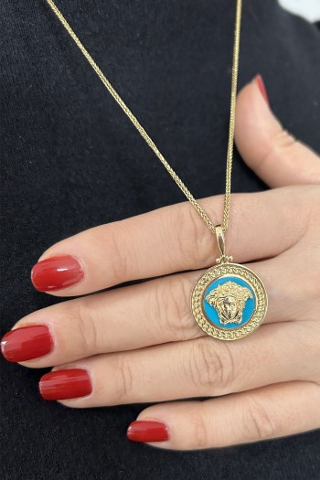 Turkuaz Mineli Altın Madalyon Versace Kolye