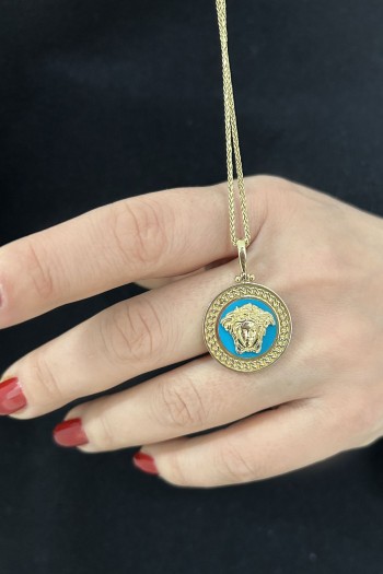 Turkuaz Mineli Altın Madalyon Versace Kolye